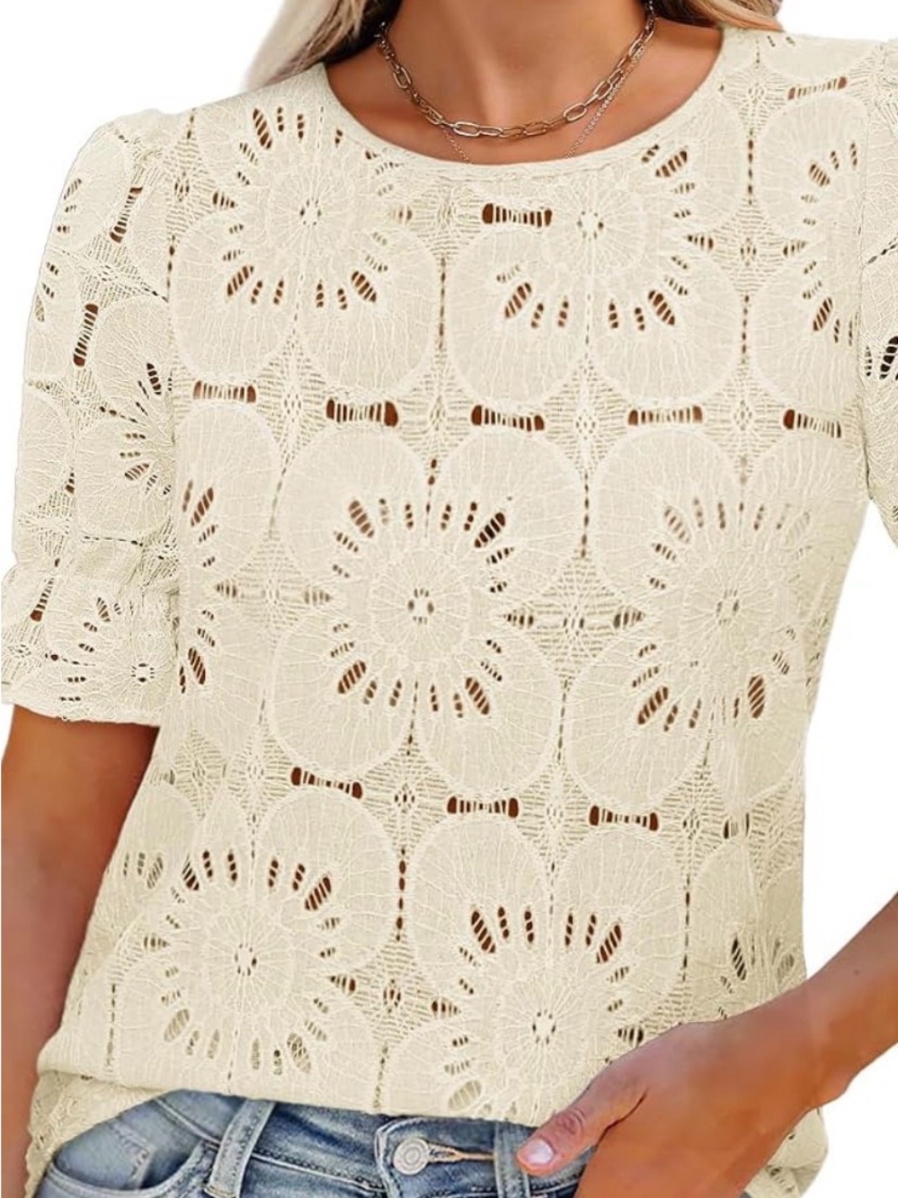 Crochet Floral patternCream Puff Short Sleeve Top  Medium  NWT
